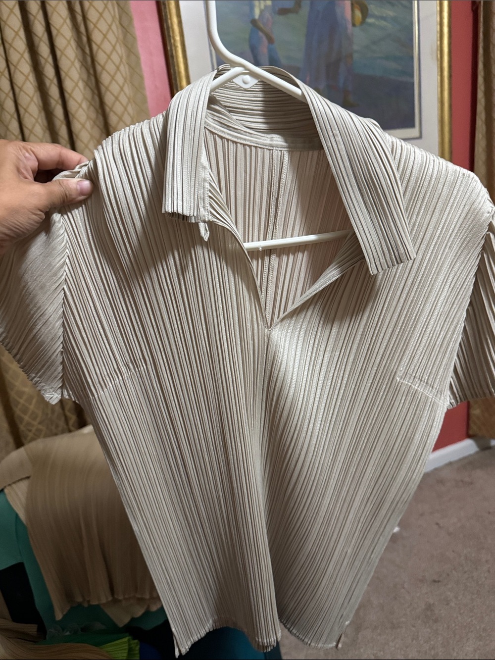 Issey Miyake Cream Pleated Polo Shirt
